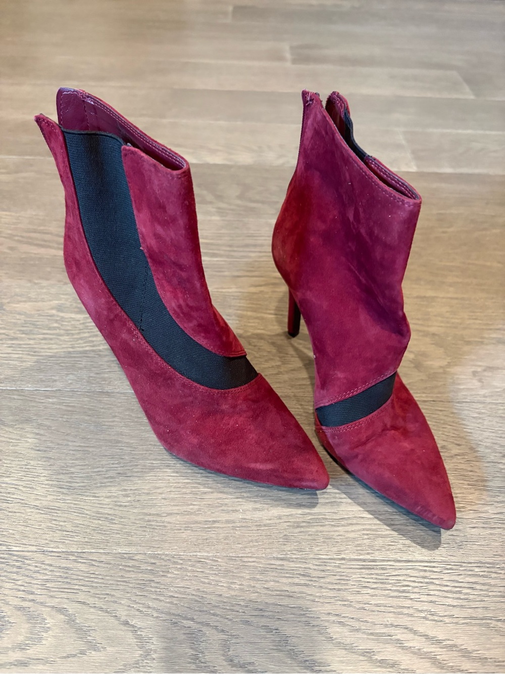 Nine West Burgundy Suede Pointed Ankle Booties with Black Elastic Insets